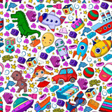 Set of vector toys for little children. Ufo, submarine. Cartoon dinosaur. Kindergarten kids.