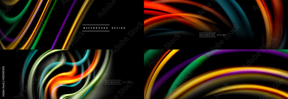 Set of fluid color abstract backgrounds. Liquid wave lines on black. Modern wallpapers Set of fluid color abstract backgrounds. Liquid wave lines on black. Modern wallpapers