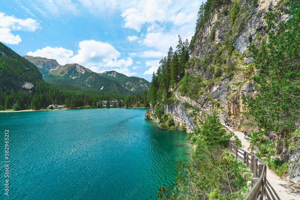 panoramic view of braies lake in italy alps
