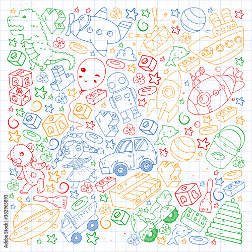 Set of vector toys for little children. Ufo, submarine. Cartoon dinosaur. Kindergarten kids.