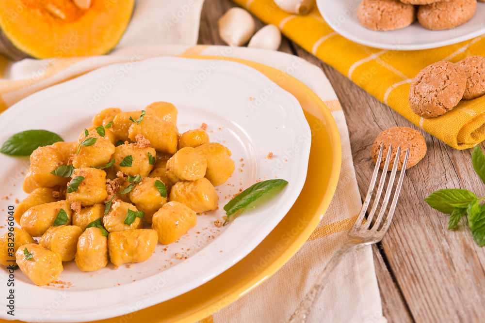 Pumpkin gnocchi with grated amaretti cookies. Pumpkin gnocchi with grated amaretti cookies.