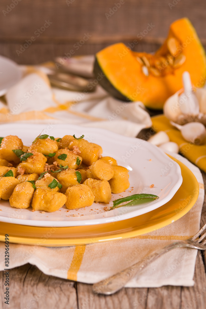 Pumpkin gnocchi with grated amaretti cookies. Pumpkin gnocchi with grated amaretti cookies.