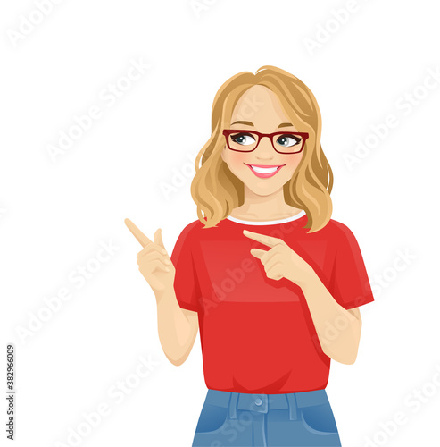 Young cheerful woman with glasses in casual style clothes pointing away isolated vector illustration