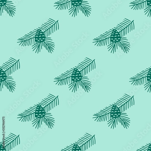 Hand drawn seamless pattern  doodle of fir tree branch with cones isolated on green background. Conifer sketch. Vector illustration. Design for wrapping, wallpaper, textile