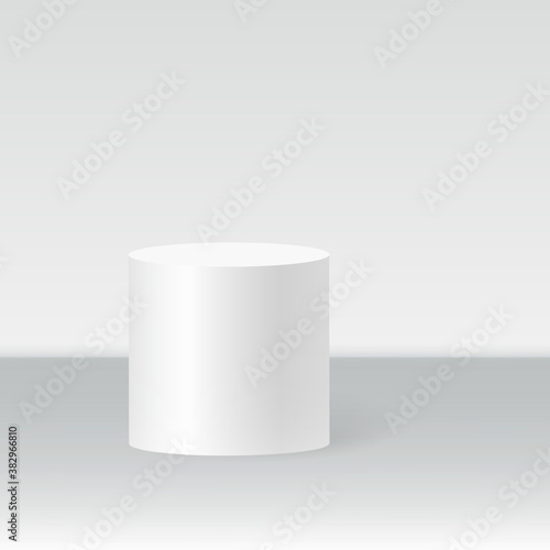 Single cylinder podium scene, winner pedestal. White cylinder template for showroom podium scene. Vector white pedestal for product presentation