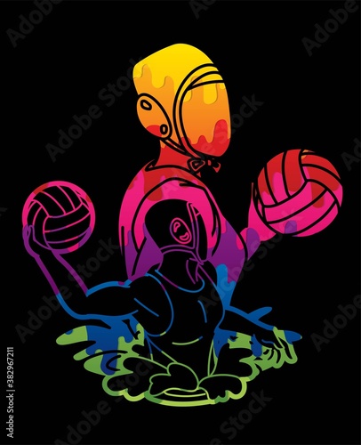 Group of water polo players  action cartoon graphic vector