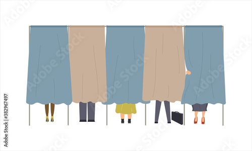 Political election process. Bundle of people are in the voting booths putting ballots in box at polling station, choosing candidate or voting for politicians. Vector cartoon illustration
