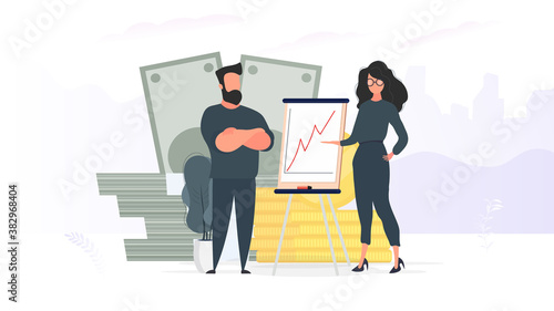 The girl shows a report to the boss. Presentation with positive dynamics. Board for paper. Infographics. Business growth. Vector.