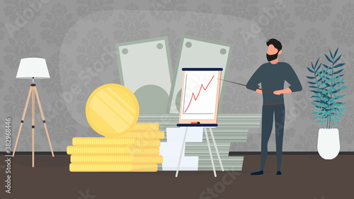 The man gives an idea. The guy shows a report with positive dynamics. Board for paper. Infographics. Business growth. Vector.