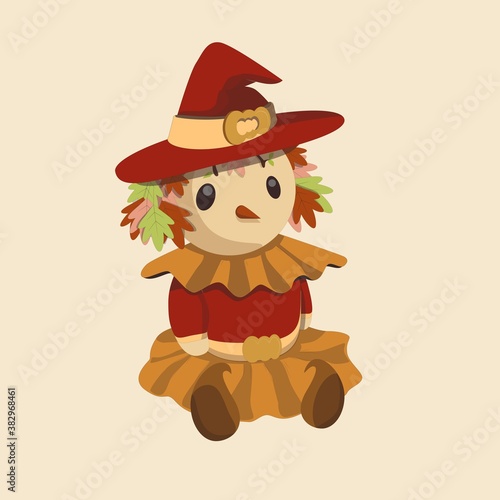 Halloween Autumn Witch doll with leaves on yellow background illustration
