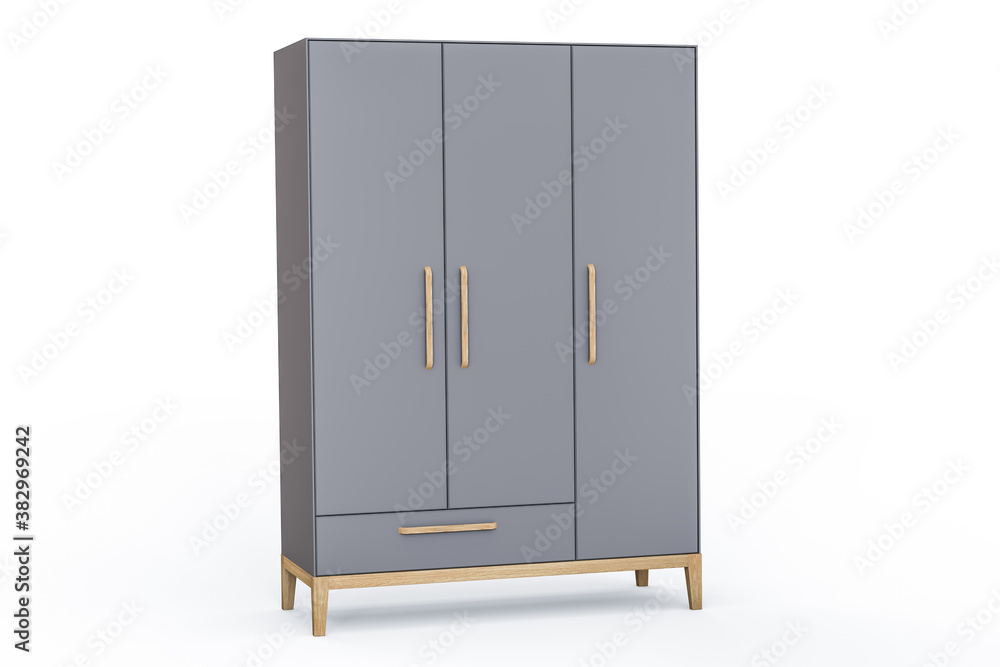 3D illustration. Grey modern design wardrobe with decorative wooden handles isolated on white background. Solid oak wood legs. Thin body edges. Three doors and one drawer. Scandinavian style. 3D illustration. Grey modern design wardrobe with decorative wooden handles isolated on white background. Solid oak wood legs. Thin body edges. Three doors and one drawer. Scandinavian style.