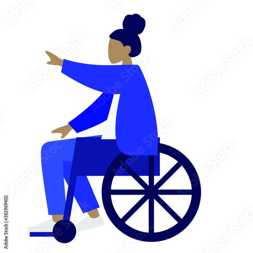 a disabled young girl is sitting on a wheelchair, colorful human illustrations on white background, disabled illustration