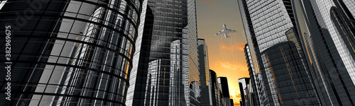 Airplane plying in business district area  skyscrapers - 3D illustration