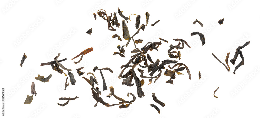 Dried tea leaves isolated on white background texture