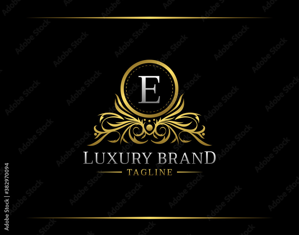Obraz premium Luxury Boutique Logo With E Letter. Elegant Golden badge With Floral Shape perfect for salon, spa, cosmetic, Boutique, Jewelry.