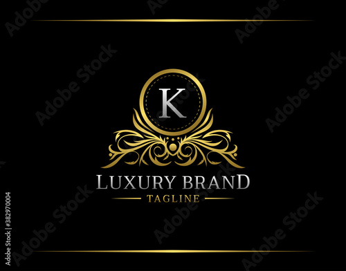 Luxury Boutique Logo With K Letter. Elegant Golden badge With Floral Shape perfect for salon, spa, cosmetic, Boutique, Jewelry.