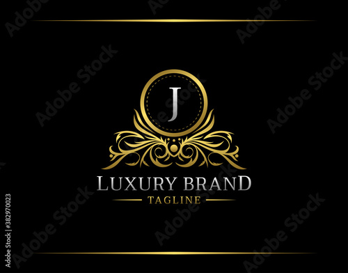 Luxury Boutique Logo With J Letter. Elegant Golden badge With Floral Shape perfect for salon, spa, cosmetic, Boutique, Jewelry.