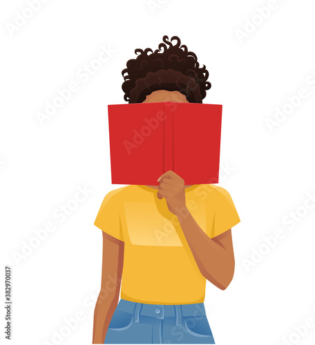 Young woman reading hiding behind book isolated vector illustration