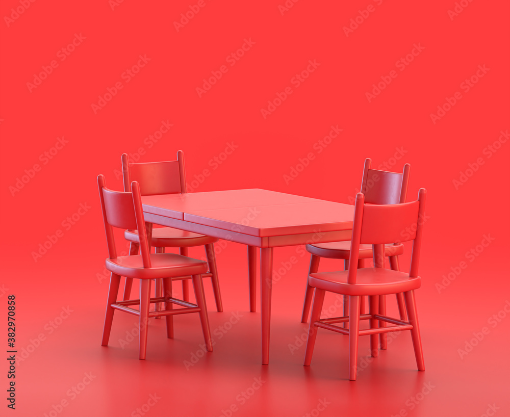 monochrome single red  color dinner table in red background,single color, 3d Icon, 3d rendering