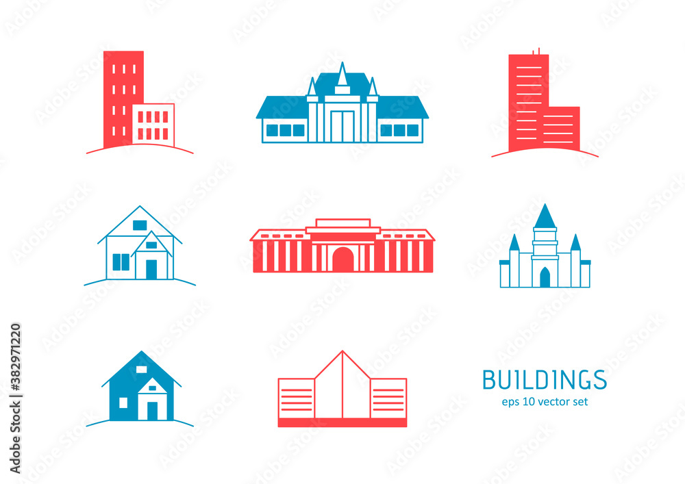 Buildings - vector icons set on white background. Symbol for web, infographics, print design and mobile UX/UI kit. Vector illustration, EPS10.