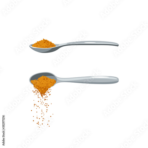 Teaspoon pouring brown cane sugar. Vector illustration flat cartoon icon isolated on white background.