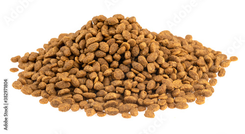 Food for animals isolated white background. Dry cat and dog food texture. Pet meal background close up