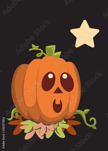 Curious Halloween pumpkin looking at a star illustration on black background