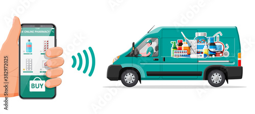 Van for delivery pharmaceutical drugs, hand with smartphone. Green drugstore truck. Internet pharmacy, online order. Medical assistance, help, support online. Health care. Flat vector illustration