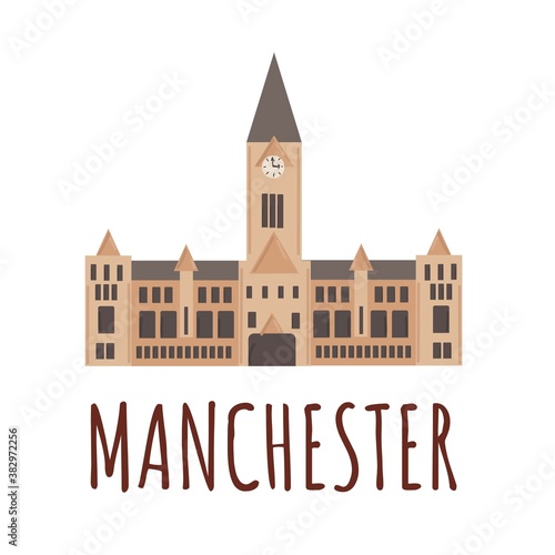 Town Hall building of Manchester. Vector illustration of famous United Kingdom city, flat style. Travel landmark of Great Britain icon