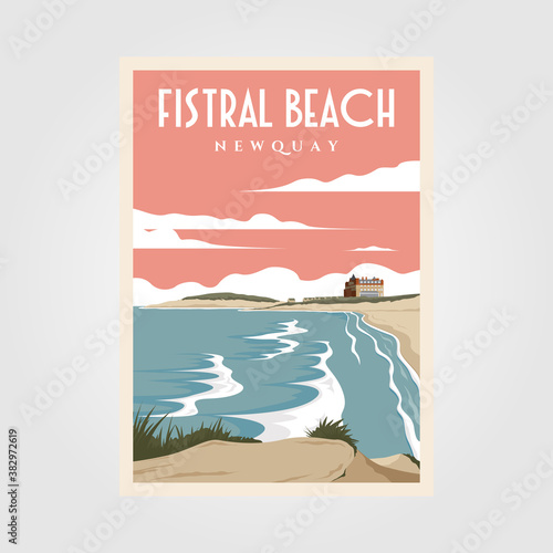 fistral beach vintage poster illustration design, beach poster design