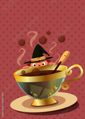 Cute little witch watching a cup of lemon tea illustration