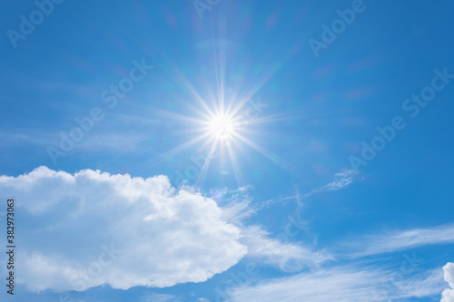 beautiful nature of blue sky with clouds and sun shines bright in the day