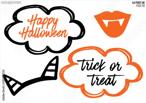 Cartoon halloween photo booth decoration design A4 page 08. Vector illustration template. Black orange silhouette on white background. Halloween party mask for photo booth.