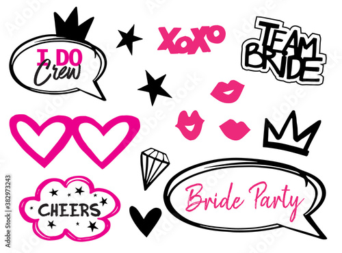 Wedding pink photo booth props isolated vector illustration on white background. Bride team party photo set for t-shirt print. Bachelorette party logo. Speach bridal props collection.