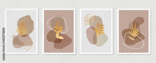 Gold botanical wall art vector set. Earth tone boho foliage line art drawing with  abstract shape.  Abstract Plant Art design for print, cover, wallpaper, Minimal and  natural wall art.