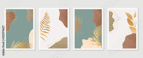 Gold botanical wall art vector set. Earth tone boho foliage line art drawing with  abstract shape.  Abstract Plant Art design for print, cover, wallpaper, Minimal and  natural wall art.