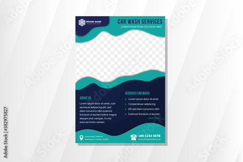 car wash service brochure design template use liquid style. flat soft and dark blue color with shadow. Space for photo collage