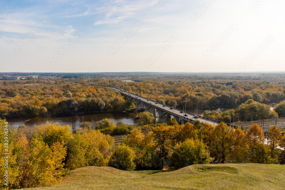 Beautiful autumn landscape view of ancient Russian Vladimir city bridge