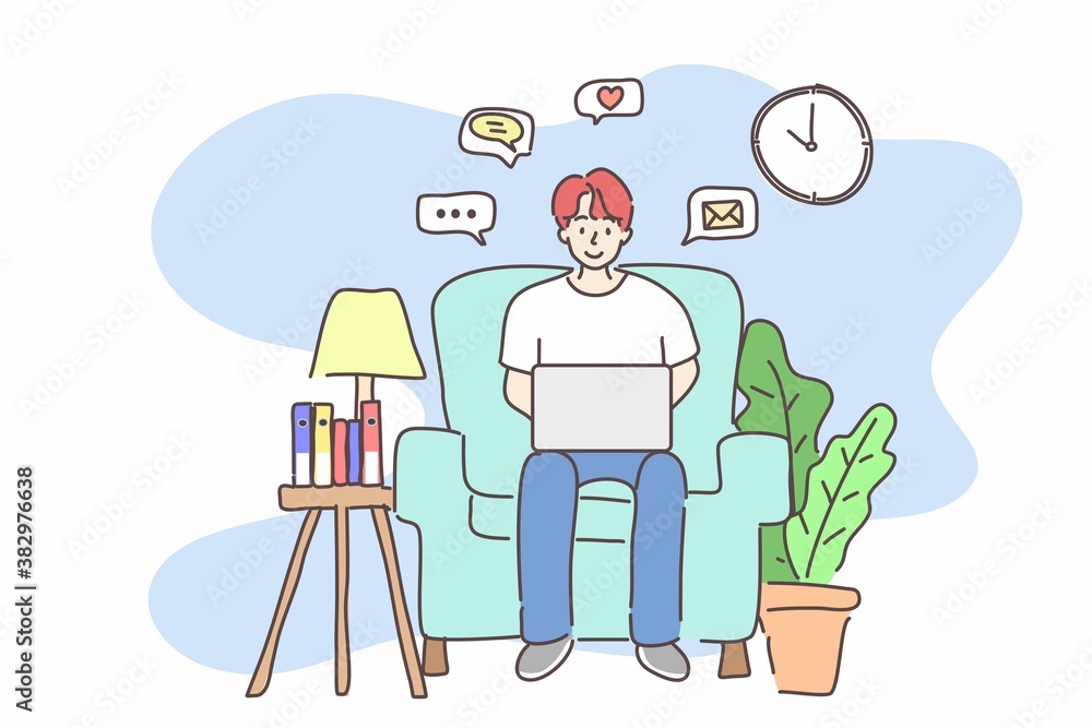 Man using laptop computer and sitting on sofa chair. stay at home, work , social media, play, education form home concept. Hand drawn flat character vector style.