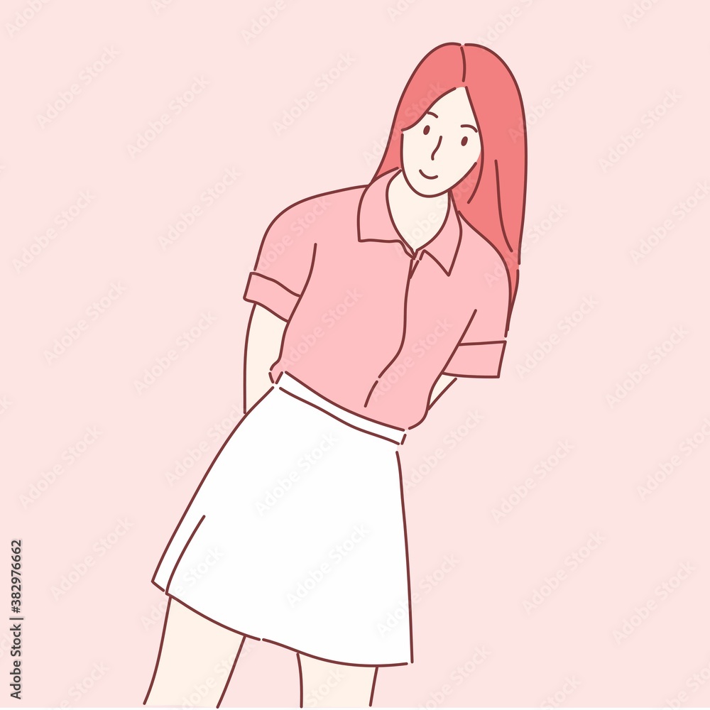 Happy cheerful pretty woman pose. Hand drawn character style vector. Happy cheerful pretty woman pose. Hand drawn character style vector.