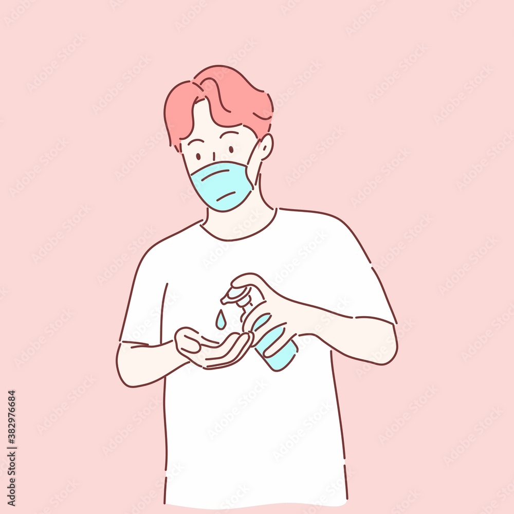 Man wearing medical mask and using alcohol gel to clean hands. Prevent disease, flu, Virus concept. Hand drawn flat character style. Man wearing medical mask and using alcohol gel to clean hands. Prevent disease, flu, Virus concept. Hand drawn flat character style.