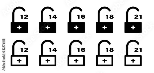 Flat linear design. Age limit conceptual signs set. Age restriction symbol for viewing or using content. Castle, indicating the age limit. Vector