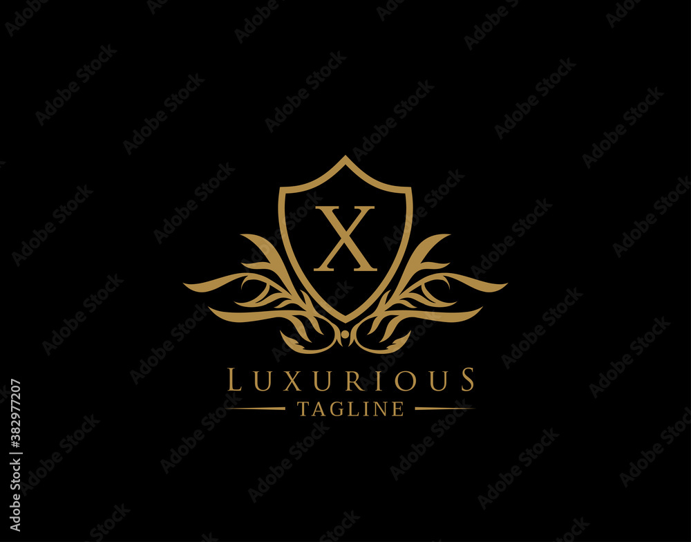 Classic Shield Logo With X Letter. Elegant Shield badge With Floral Shape perfect for fashion, Boutique, Jewelry, Hotel, Restaurant. Classic Shield Logo With X Letter. Elegant Shield badge With Floral Shape perfect for fashion, Boutique, Jewelry, Hotel, Restaurant.