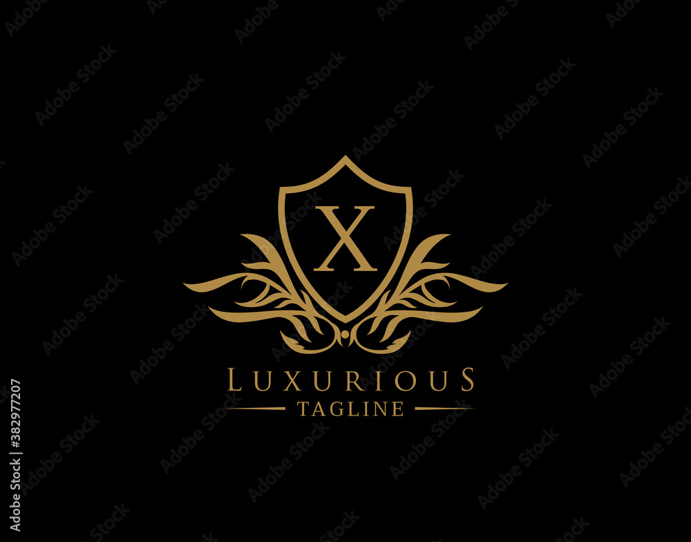 Classic Shield Logo With X Letter. Elegant Shield badge With Floral Shape perfect for fashion, Boutique, Jewelry, Hotel, Restaurant.