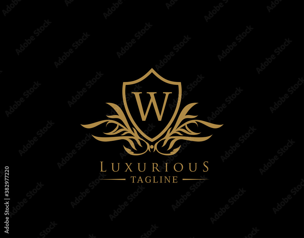 Classic Shield Logo With W Letter. Elegant Shield badge With Floral Shape perfect for fashion, Boutique, Jewelry, Hotel, Restaurant.