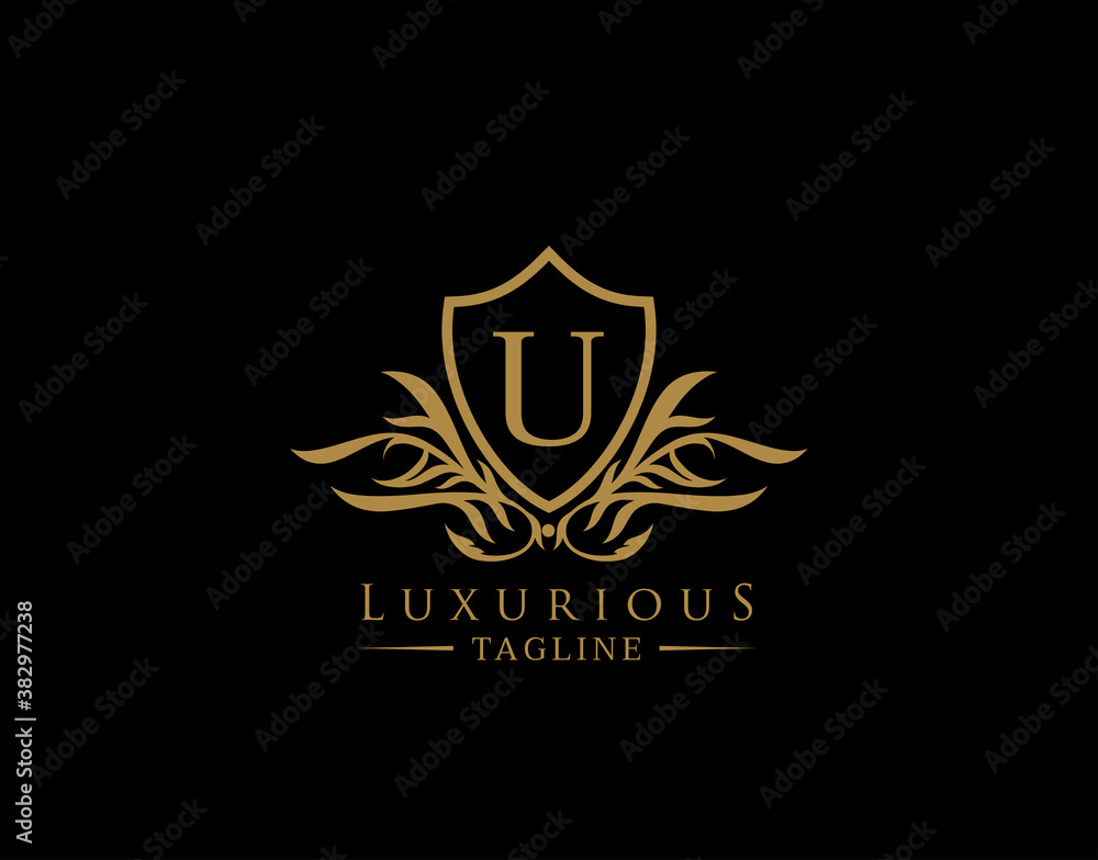 Classic Shield Logo With U Letter. Elegant Shield badge With Floral Shape perfect for fashion, Boutique, Jewelry, Hotel, Restaurant.