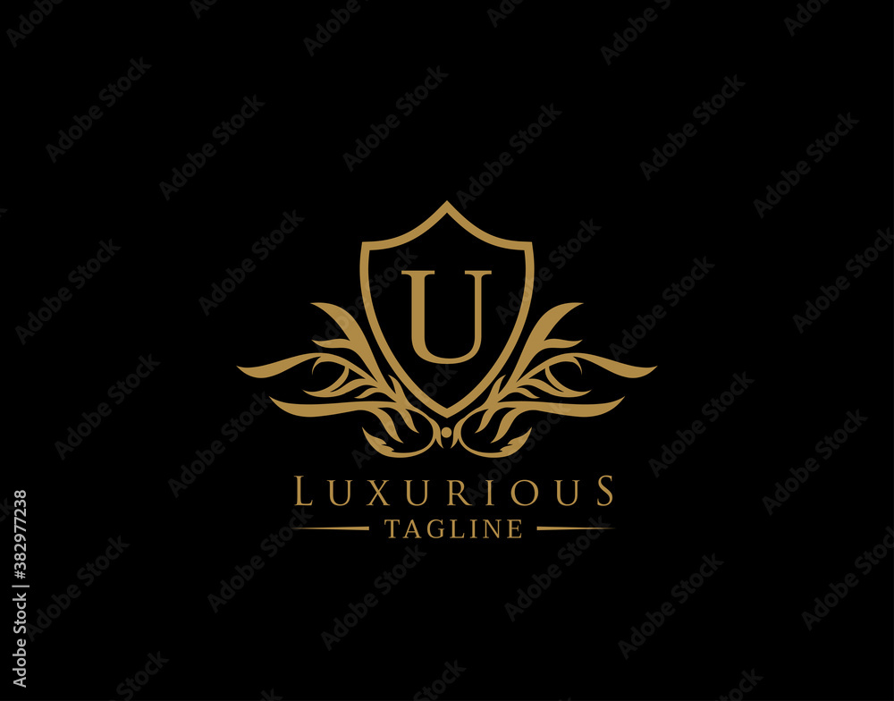 Classic Shield Logo With U Letter. Elegant Shield badge With Floral Shape perfect for fashion, Boutique, Jewelry, Hotel, Restaurant. Classic Shield Logo With U Letter. Elegant Shield badge With Floral Shape perfect for fashion, Boutique, Jewelry, Hotel, Restaurant.