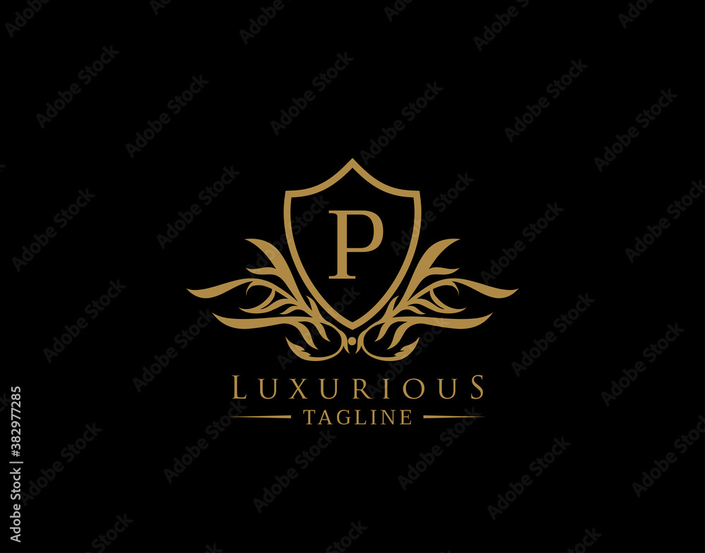 Classic Shield Logo With P Letter. Elegant Shield badge With Floral Shape perfect for fashion, Boutique, Jewelry, Hotel, Restaurant. Classic Shield Logo With P Letter. Elegant Shield badge With Floral Shape perfect for fashion, Boutique, Jewelry, Hotel, Restaurant.