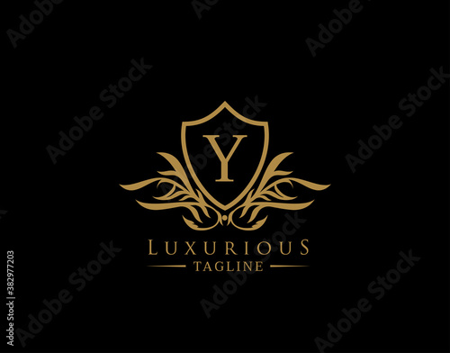Classic Shield Logo With Y Letter. Elegant Shield badge With Floral Shape perfect for fashion, Boutique, Jewelry, Hotel, Restaurant.