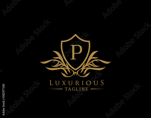 Classic Shield Logo With P Letter. Elegant Shield badge With Floral Shape perfect for fashion, Boutique, Jewelry, Hotel, Restaurant.